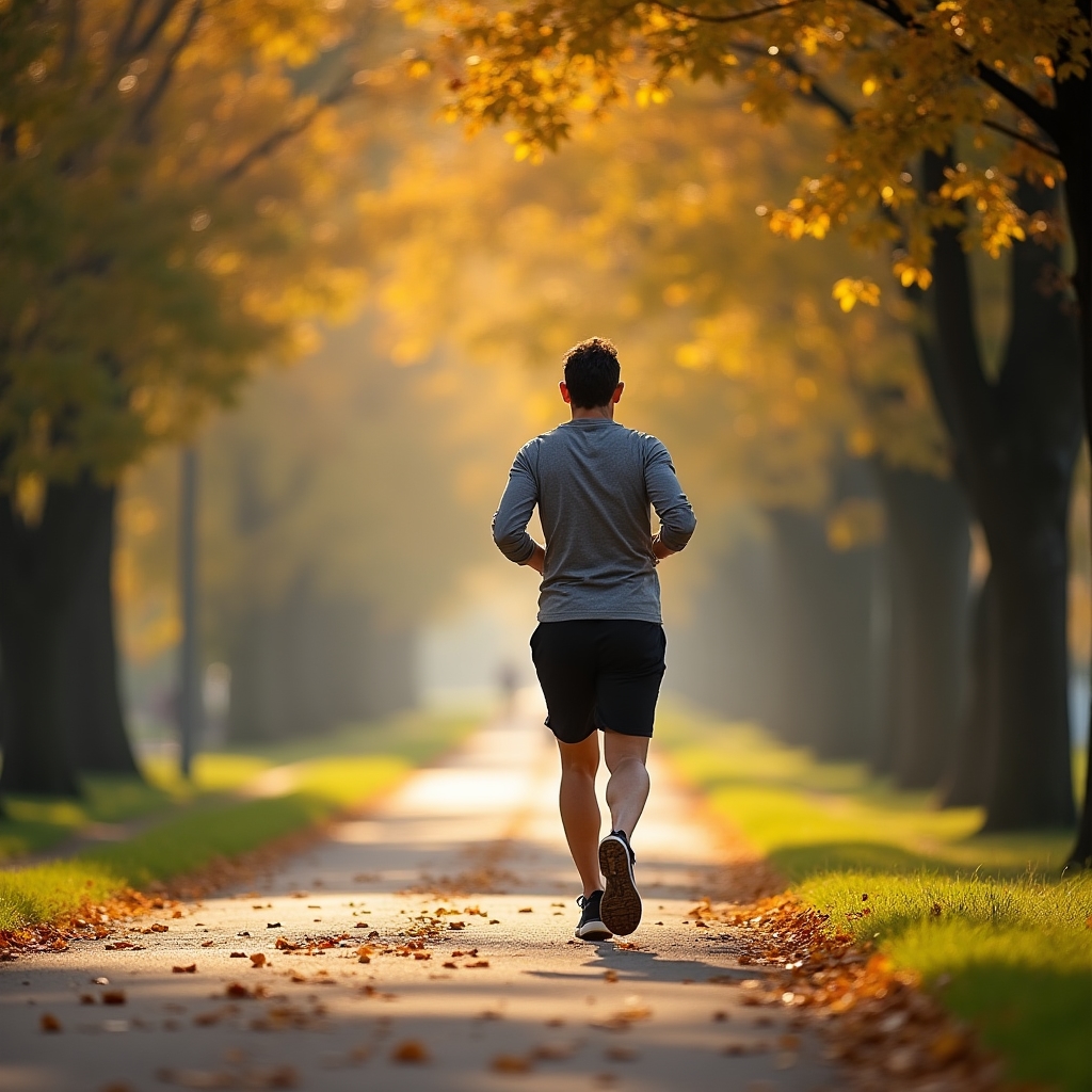 Person jogging on a tree-lined path in soft morning light, relaxed and steady pace, autumn setting
